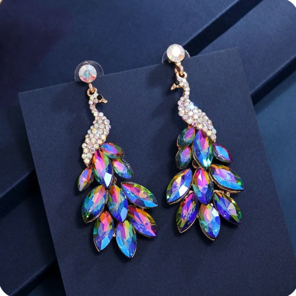 Peacock rhinestone dangle statement earrings, New! - Picture 3 of 14